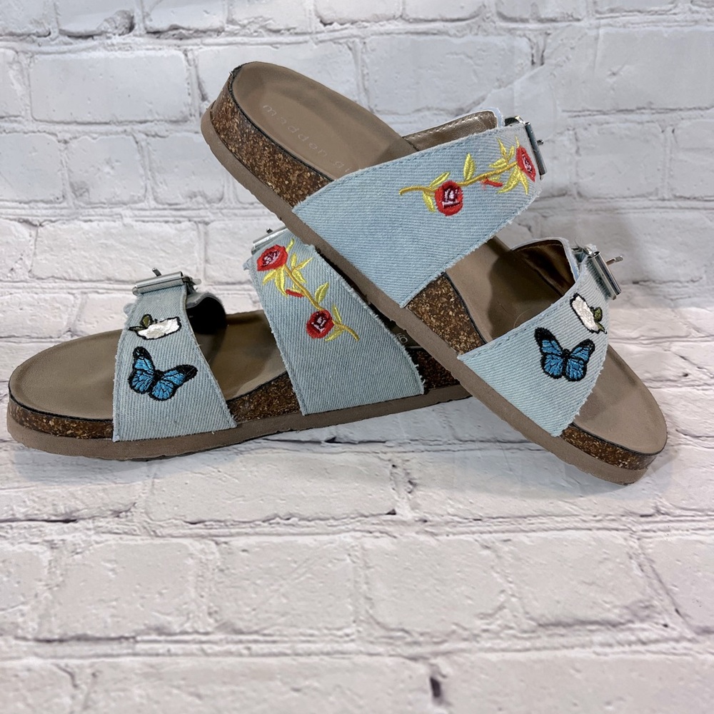 Madden Girl "Brando" Slide On Sandals Denim Embroider… Gem